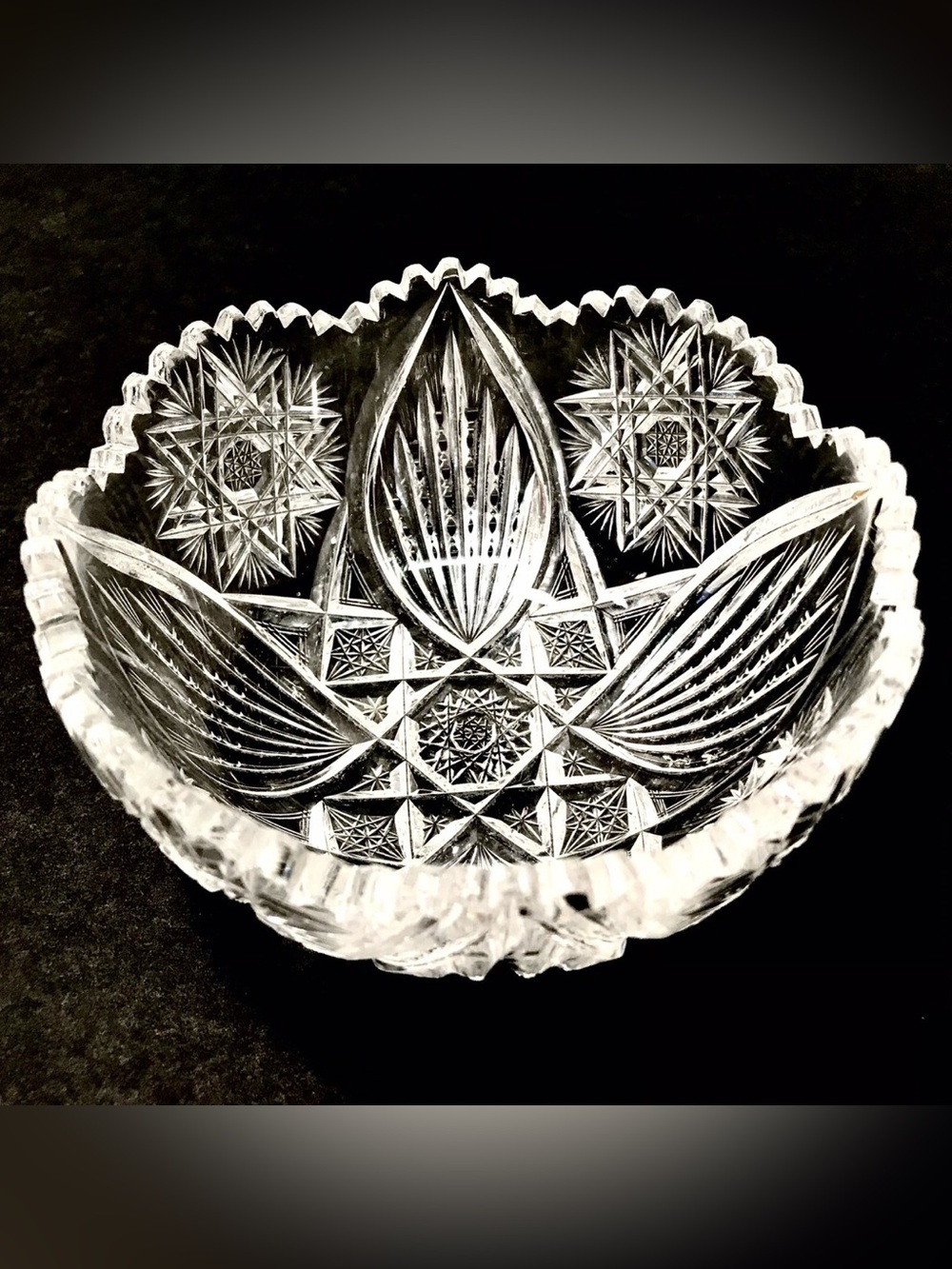 American Brilliant Hand Cut Antique Scallop Sawtooth Edge Hobstar Fan Candy Bowl